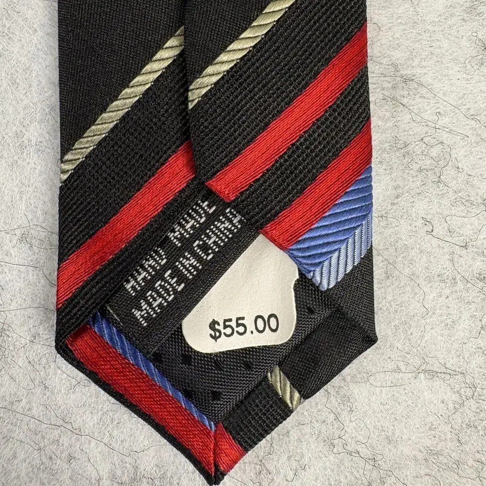 Dona Black Silk Striped Men's Tie Hand Made Diagonal Red Blue Gold NWT 58